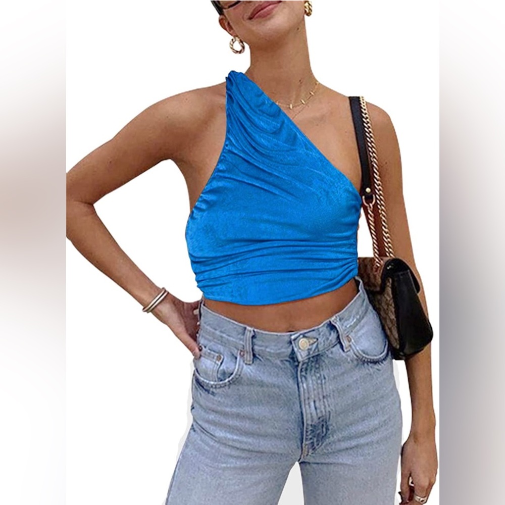 NWT Ruched Tank sz. S Royal Blue Women’s Halter Crop Top Y2k Asymmetrical